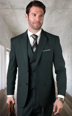 Men's Designer Modern Fit Double Breasted Vest Wool Wedding Suit In Hunter Green