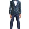 Men's One Button Vested Floral Print Navy Blue Wedding Tuxedo