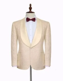 Noble Champagne Jacquard Wedding Tuxedos For Groom | Silk Shawl Lapel Prom Suits -Alberto Nardoni Shop Noble Champagne Suit4