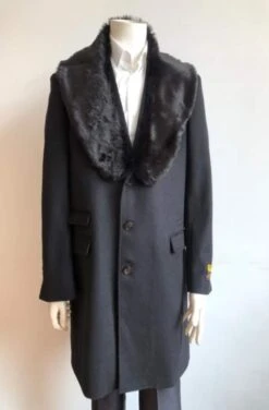 Mens Black Overcoat - Long Jacket Ticket Pocket Designer Peacoat Sale ~ Wool Men's Car Coat Mid Length Three Quarter Length Coat ~ Overcoat With Fur Collar Black