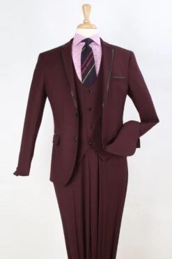 "Burgundy Prom 2025 Tuxedo Suit - Men's Slim Fit Two-Button Vested With Trim"