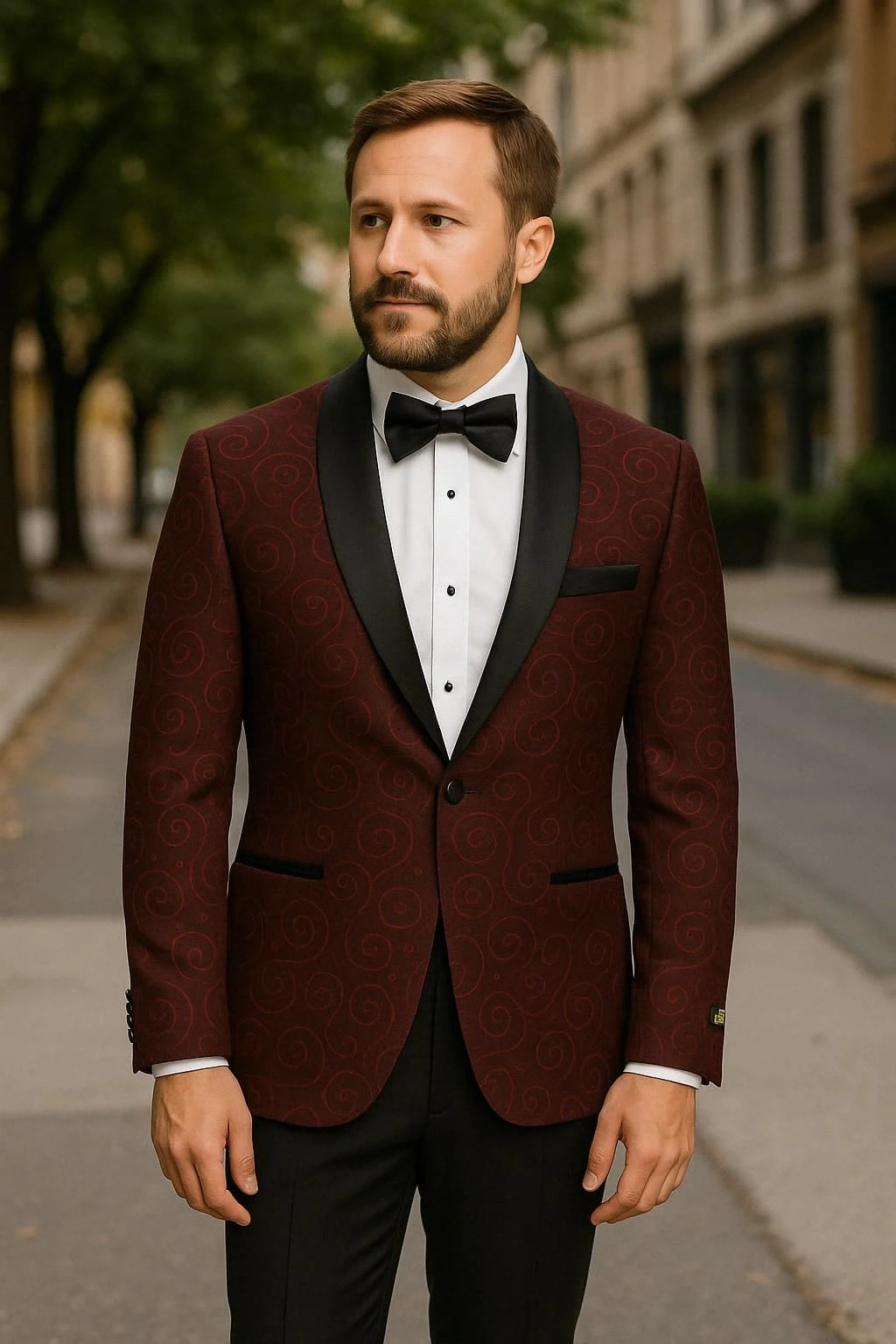 Paisley-300 Burgundy And Black Tuxedo Blazer With Bow Tie 4 Paisley-300 Burgundy And Black Tuxedo Blazer With Bow Tie - Image 4