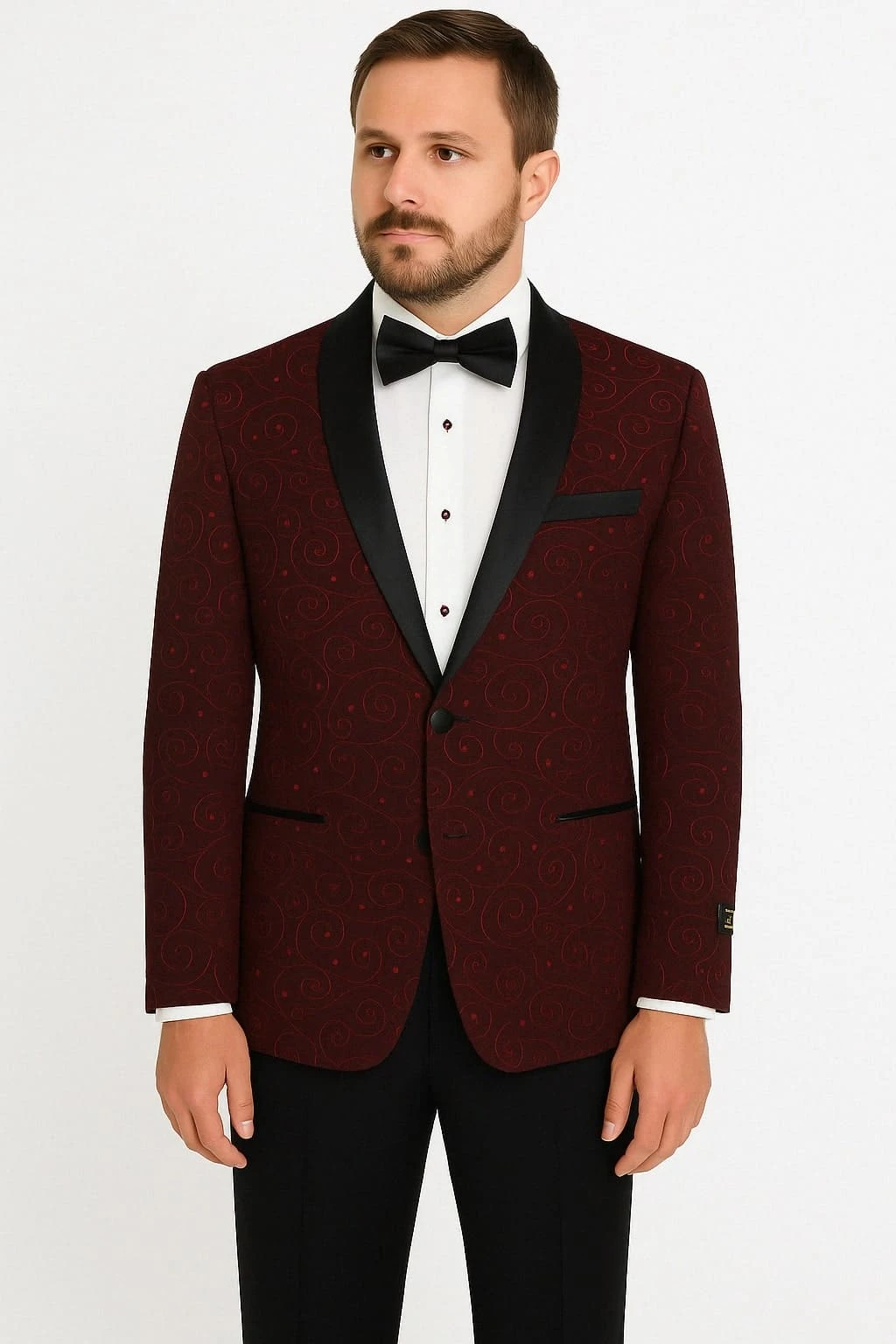 Paisley-300 Burgundy And Black Tuxedo Blazer With Bow Tie 1 Paisley-300 Burgundy And Black Tuxedo Blazer With Bow Tie
