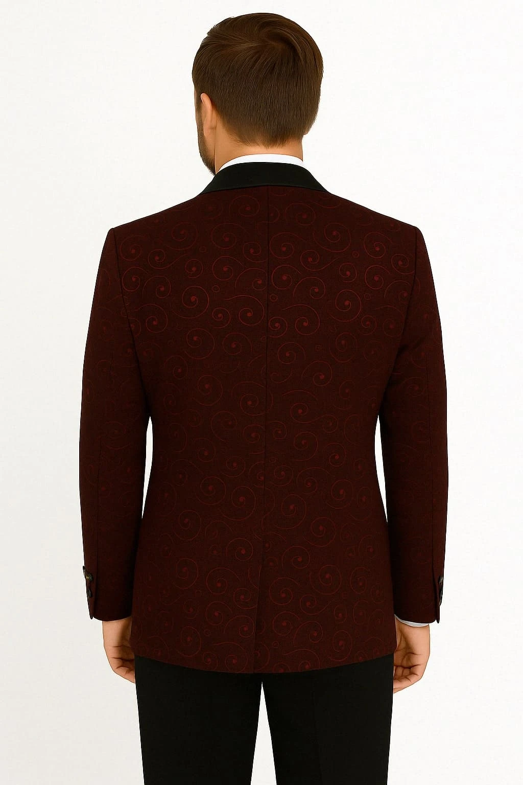 Paisley-300 Burgundy And Black Tuxedo Blazer With Bow Tie 3 Paisley-300 Burgundy And Black Tuxedo Blazer With Bow Tie - Image 3