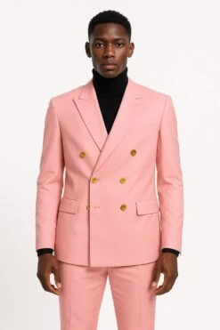 Mens Pink Double-Breasted Suit With Gold Buttons