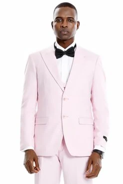 Men's Two Button Vested Peak Lapel Pastel Wedding And Pink Prom Suit