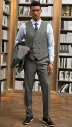 Men's Hybrid Fit Jacket Vested One Button Peak Lapel Designer Suit In Dark Green -Alberto Nardoni Shop Pinstripe Pant Dark Green