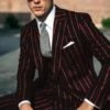 Mens Pimp Coat + Pimp Jacket Vest And Pants - Gangster Stripe Fabric Black And Red Suit