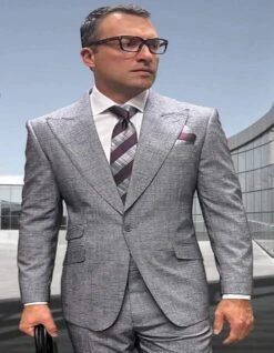 Mens 3 Piece 100 Percent Wool Suit - Affordable Italian Super 150's Fabric In Plaid Texture Fabric In Color Light Grey - Online Special