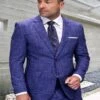 Mens 3 Piece 100 Percent Wool Suit - Affordable Italian Super 150's Fabric In Plaid Texture Fabric In Color Sapphire - Online Special