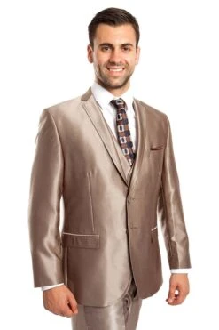"Sharkskin Wedding & Prom 2025 Suit - Men's Two Button Vested In Dark Taupe"