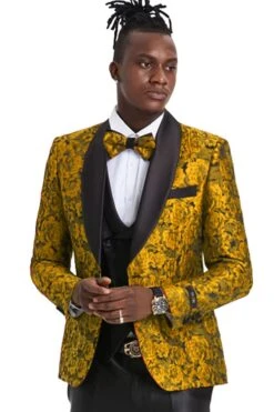 Mens One Button Slim Fit Paisley Skinny Fit Pant Vested Prom Tuxedo In Gold And Black