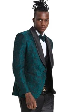 Mens One Button Slim Fit Paisley Floral Vested Prom Tuxedo In Hunter Green And Black