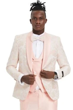 Mens One Button Vested Shawl Lapel Prom Tuxedo In Pink
