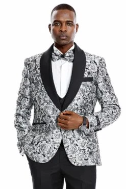 Mens One Button Skinny Fit Paisley Floral Vested Prom Tuxedo In Silver And Black