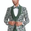 Mens One Button Vested Paisley Shawl Lapel Prom Tuxedo In Hunter Green