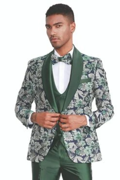 Mens One Button Vested Paisley Shawl Lapel Prom Tuxedo In Hunter Green