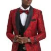 Mens One Button Slim Fit Paisley Floral Vested Prom Tuxedo In Red And Black