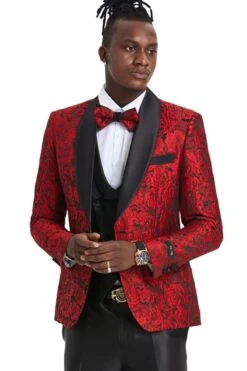 Mens One Button Slim Fit Paisley Floral Vested Prom Tuxedo In Red And Black