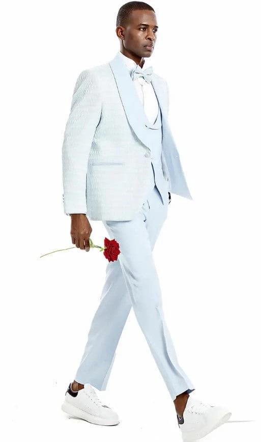 Mens One Button Solid Textured Vested Wedding And Prom Tuxedo In Sky Blue 2 Mens One Button Solid Textured Vested Wedding And Prom Tuxedo In Sky Blue - Image 2