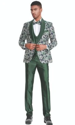 Men's Slim Fit One Button Shawl Collar Vested Paisley Shawl Lapel Prom Tuxedo In Hunter Green -Alberto Nardoni Shop Prom Tuxedos in Hunter Green