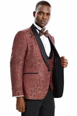 Mens One Button Vested Prom And Wedding Shawl Tuxedo In Red And Gold