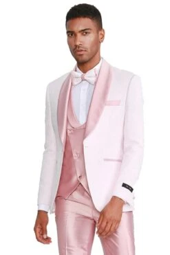 Mens One Button Prom And Wedding Tuxedo With Satin Vest And Pants In Pink