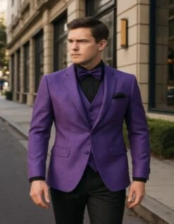 Mens Purple Paisley Tuxedo – 3 Piece Suit With Bow Tie And Black Pants | Wedding & Prom Outfit - Slim Fitted