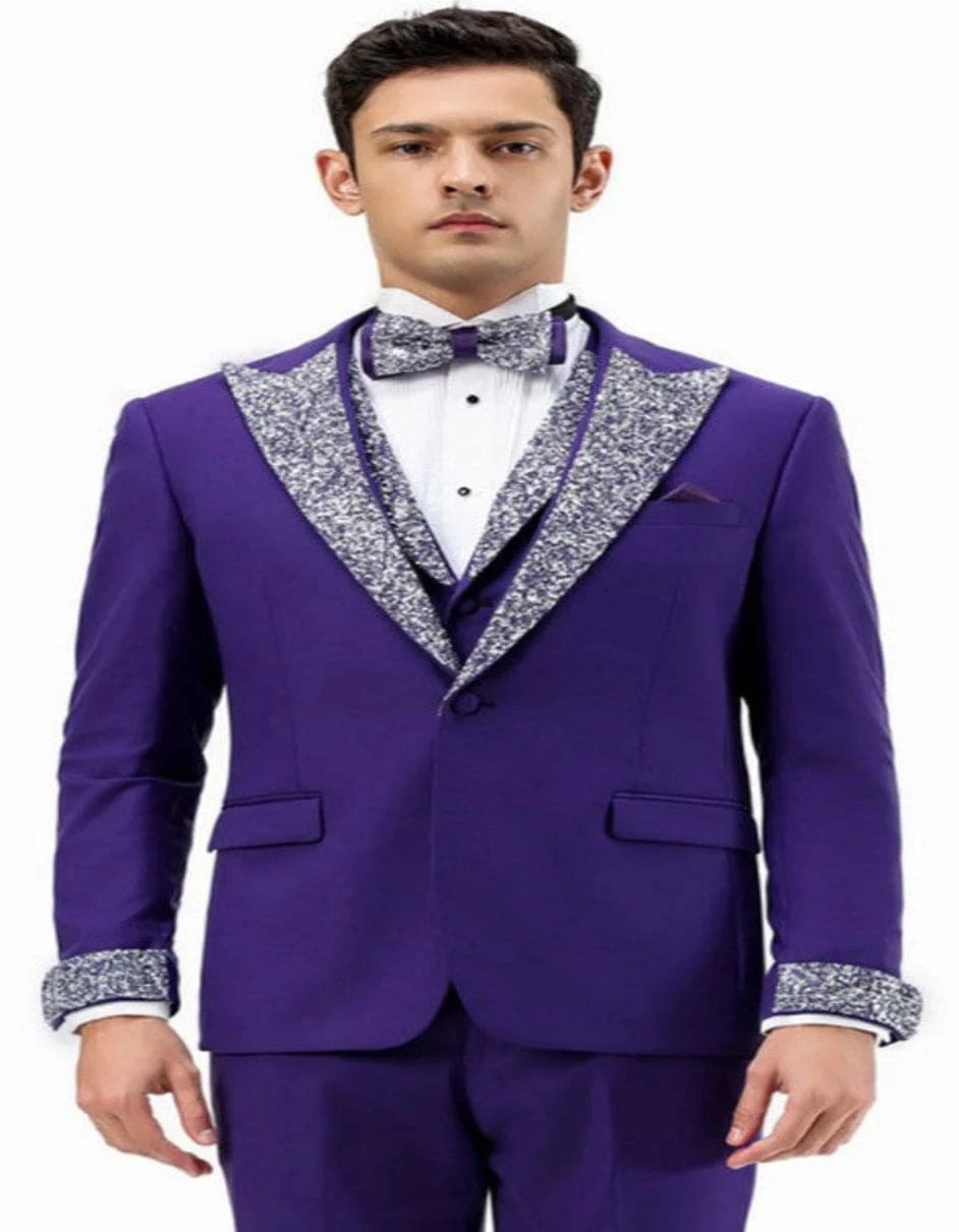 Purple Prom Tuxedo - Perfect Wedding Suit Vested Rhinestone Lapelled 1 Purple Prom Tuxedo - Perfect Wedding Suit Vested Rhinestone Lapelled
