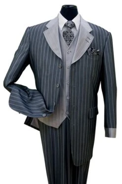 "Men's Navy Blue Sharkskin Pinstripe Zoot Suit With Vest - Fashionable"