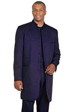 "Navy Blue Men's Zoot Suit Tuxedo With Mandarin Collar"