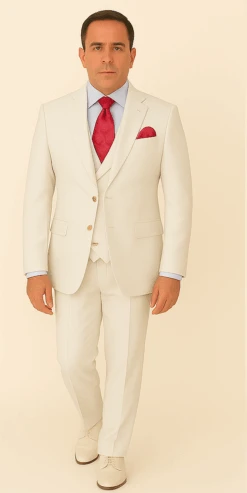 Rossi Man Slim Fit 3-Piece White Suit – Peak Lapel, Double-Breasted Vest & Flat Front Pants -Alberto Nardoni Shop ROSSI MAN SLIM FIT 3 PIECE SUIT BOND RM1750