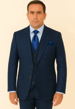 Rossi Man BOND RM1752 Slim Fit 3-Piece Navy Suit – 1-Button Peak Lapel, Double-Breasted Vest & Flat Front Pants -Alberto Nardoni Shop ROSSI MAN SLIM FIT 3 PIECE SUIT BOND RM1752
