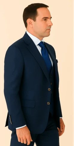 Rossi Man BOND RM1752 Slim Fit 3-Piece Navy Suit – 1-Button Peak Lapel, Double-Breasted Vest & Flat Front Pants -Alberto Nardoni Shop ROSSI MAN SLIM FIT 3 PIECE SUIT BOND RM1752 2