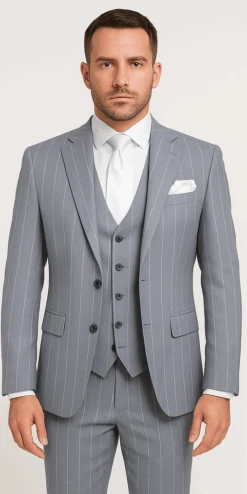 Rossi Man MAX RM1726 Slim Fit 3-Piece Suit – Elegant Grey Pinstripe Formal Suit For Men -Alberto Nardoni Shop ROSSI MAN SLIM FIT 3 PIECE SUIT MAX RM1726