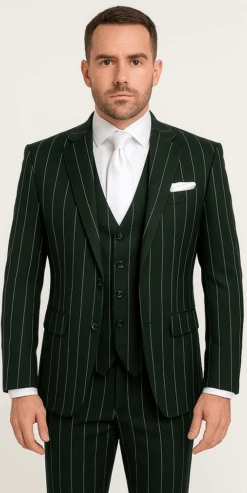 Rossi Man MAX RM1727 Slim Fit 3-Piece Suit – Stylish Tailored Green Pinstripe Suit For Men -Alberto Nardoni Shop ROSSI MAN SLIM FIT 3 PIECE SUIT MAX RM1727