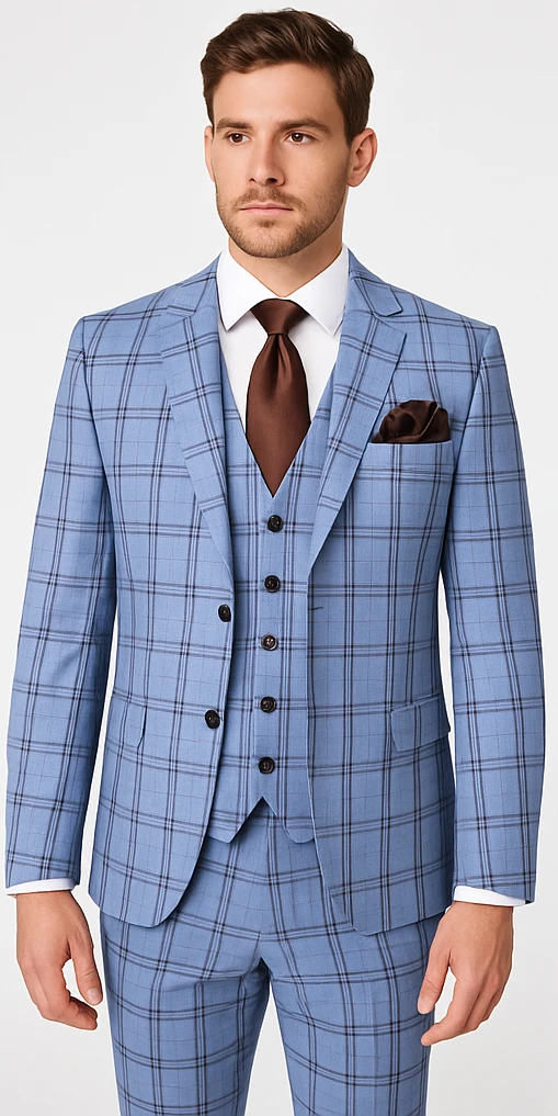 Rossi Man MAX RM1822 Slim Fit 3-Piece Suit – Premium Light Blue & Brown Plaid Formal Suit For Men 5 Rossi Man MAX RM1822 Slim Fit 3-Piece Suit – Premium Light Blue & Brown Plaid Formal Suit For Men - Image 5