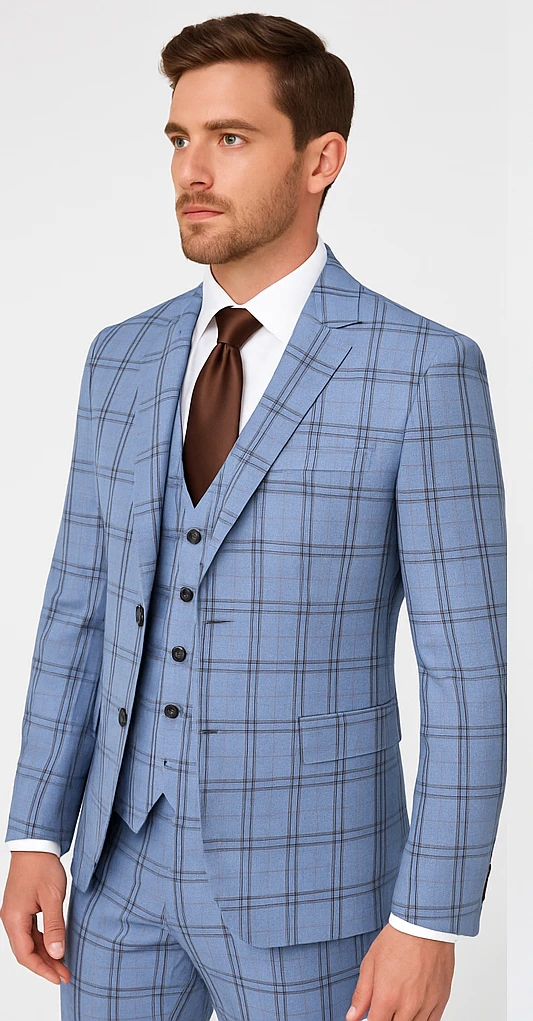 Rossi Man MAX RM1822 Slim Fit 3-Piece Suit – Premium Light Blue & Brown Plaid Formal Suit For Men 3 Rossi Man MAX RM1822 Slim Fit 3-Piece Suit – Premium Light Blue & Brown Plaid Formal Suit For Men - Image 3