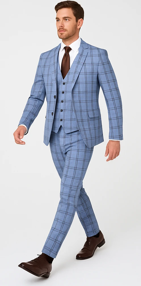 Rossi Man MAX RM1822 Slim Fit 3-Piece Suit – Premium Light Blue & Brown Plaid Formal Suit For Men 4 Rossi Man MAX RM1822 Slim Fit 3-Piece Suit – Premium Light Blue & Brown Plaid Formal Suit For Men - Image 4