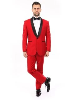 Mens Modern Fit Wool Shawl Prom Tuxedo In Red