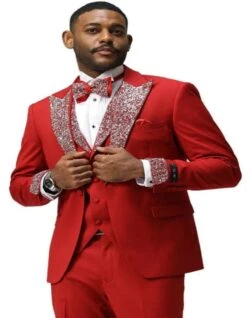 Red Prom Tuxedo - Perfect Wedding Suit Vested Rhinestone Lapelled