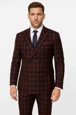 Mens Red And Black Plaid Double-Breasted Suit – Slim Fit Checkered 2 Piece Formal Business Outfit