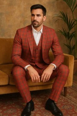 Mens Red And Grey Plaid 3-Piece Suit With Vest - Modern Fit Peak Lapel By Dominique Wilson -Alberto Nardoni Shop Red and Grey Plaid 3 Piece Suit