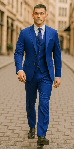 Rossiman Royal Blue Suit For Men – Classic 1-Button Peak Lapel Jacket & Double-Breasted Vest -Alberto Nardoni Shop Rossiman Brand Royal Blue Suit for Men Classic 1 Button Jacket with Peak Lapel and Double Breasted Vest 3