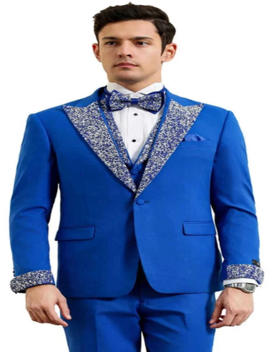 Royal Blue Prom Tuxedo - Perfect Wedding Suit Vested Rhinestone Lapelled 1 Royal Blue Prom Tuxedo - Perfect Wedding Suit Vested Rhinestone Lapelled