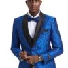 Men's One Button Slim Fit Shiny Paisley Royal Blue Prom Tuxedo