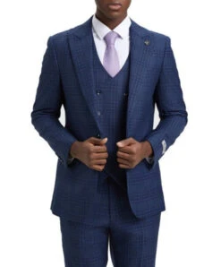 Stacy Adams - Blue 3 Piece 2 Button Plaid Peak Lapel Suit -Alberto Nardoni Shop SM170H1 12 5