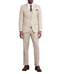 Stacy Adams - 3 Piece Windowpane Suit Hybrid Fit In Tan