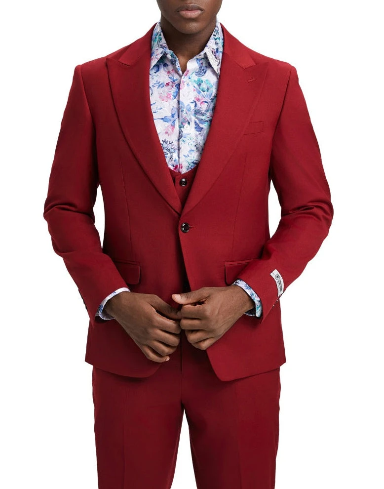 Stacy Adams - Cherry Red 3 Piece Hybrid Fit Suit With Expandable Waist Band 1 Stacy Adams - Cherry Red 3 Piece Hybrid Fit Suit With Expandable Waist Band