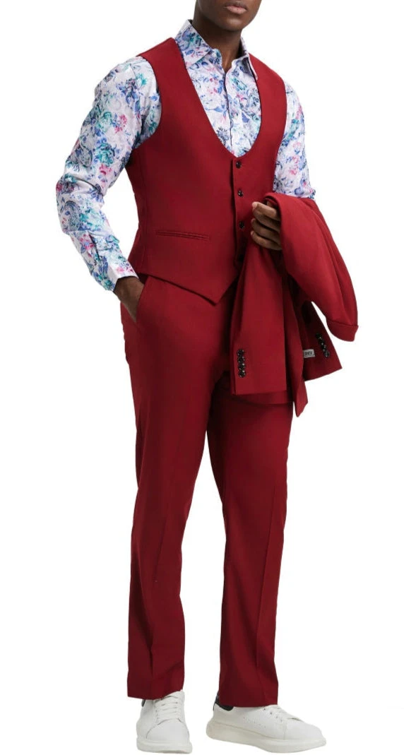 Stacy Adams - Cherry Red 3 Piece Hybrid Fit Suit With Expandable Waist Band 2 Stacy Adams - Cherry Red 3 Piece Hybrid Fit Suit With Expandable Waist Band - Image 2